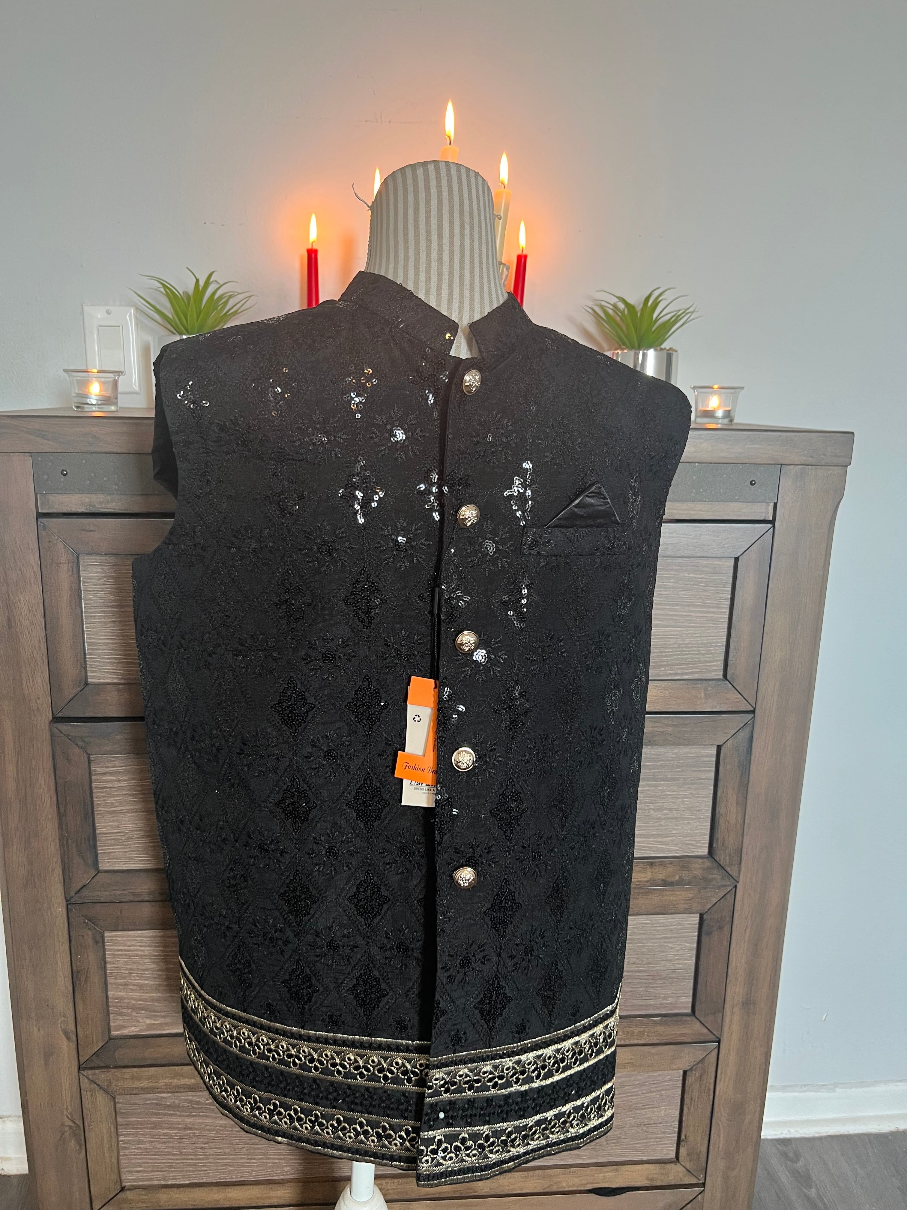 Men's Premium Sequin Embroidered Waistcoat – Slim Fit Luxury Festive Vest - Boutique By MaryamBoutique By MaryamBoutique By MaryamBlackSMen's Premium Sequin Embroidered Waistcoat – Slim Fit Luxury Festive Vest