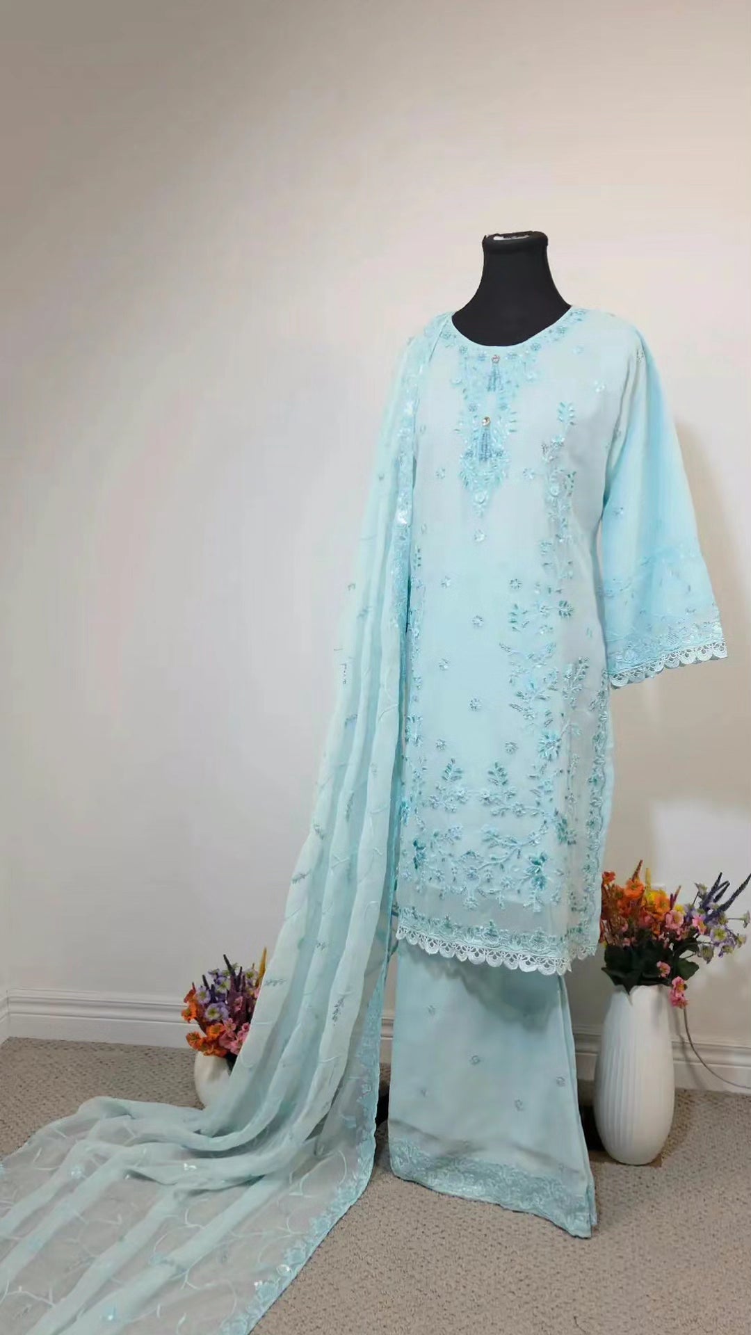Premium Embroidered Chiffon Ensemble – Exquisite Thread Work & Hand - Placed Embellishments - Boutique By MaryamBoutique By MaryamBoutique By Maryampowder - blueSPremium Embroidered Chiffon Ensemble – Exquisite Thread Work & Hand - Placed Embellishments