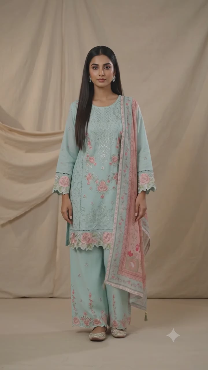 BSJ-003 Mint Green Bin Saeed Luxury Embroidered Jacquard 3 Piece Suit