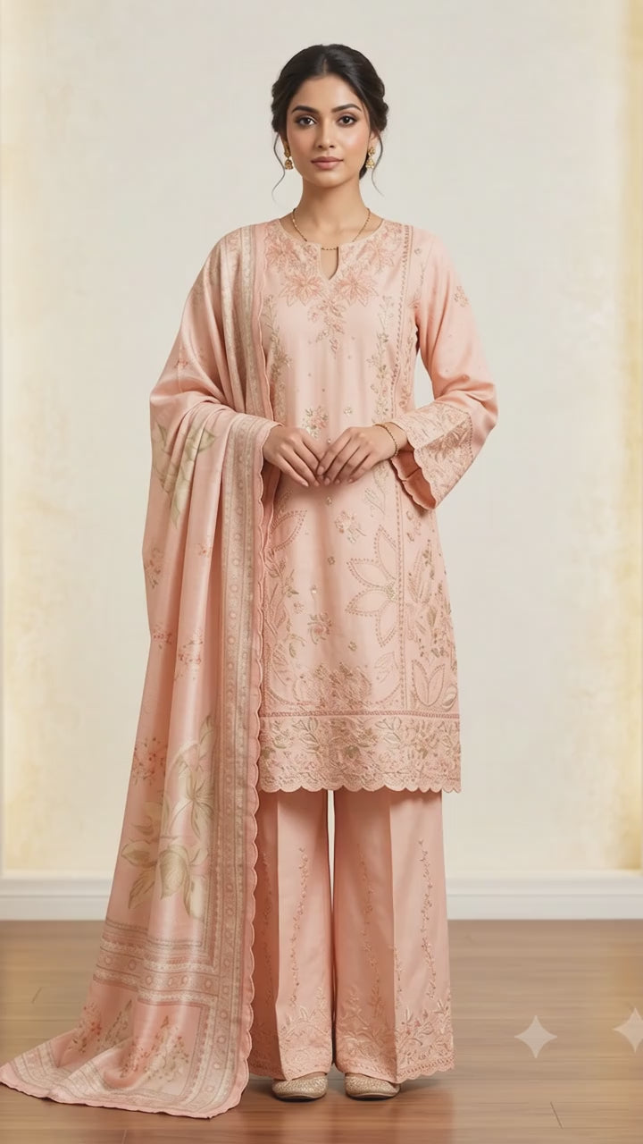 BSJ-004 Peach Pink Bin Saeed Luxury Embroidered Jacquard 3 Piece Suit