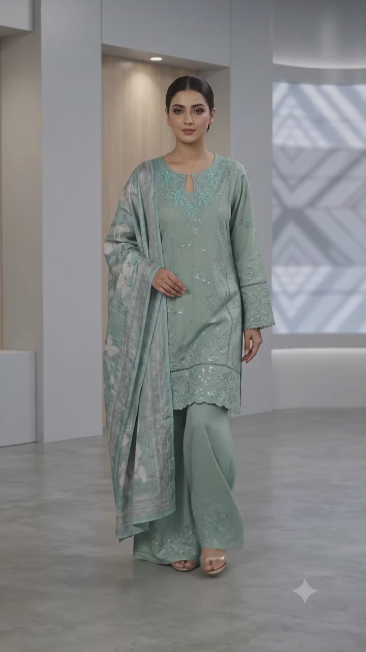 BSJ-001 Pista Green Bin Saeed Luxury Embroidered Jacquard 3 Piece Suit