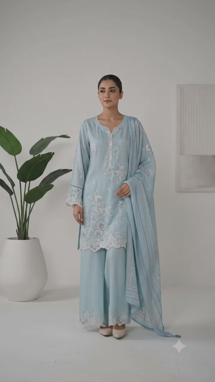 BSJ-002 Powder Blue Bin Saeed Luxury Embroidered Jacquard 3 Piece Suit