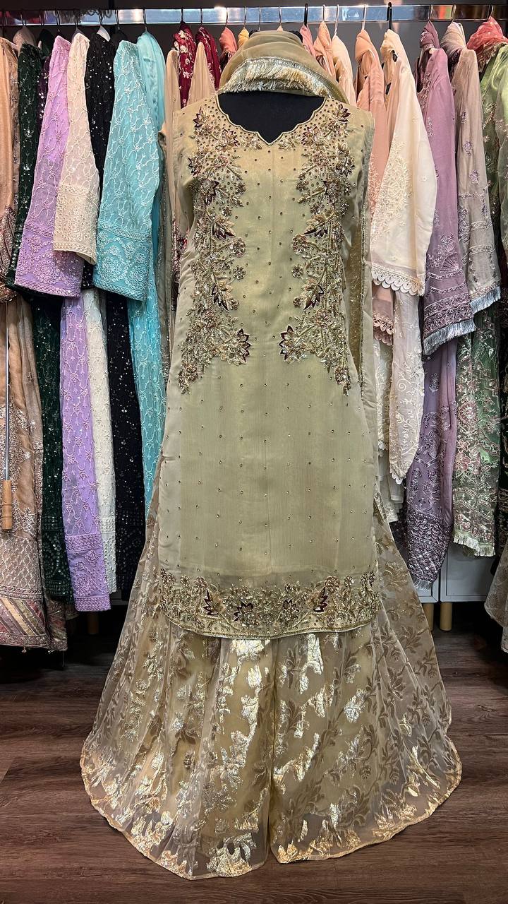 Luxury Heavy Embroidered Organza Tunic with Heritage Banarsi Sharara & Dupatta