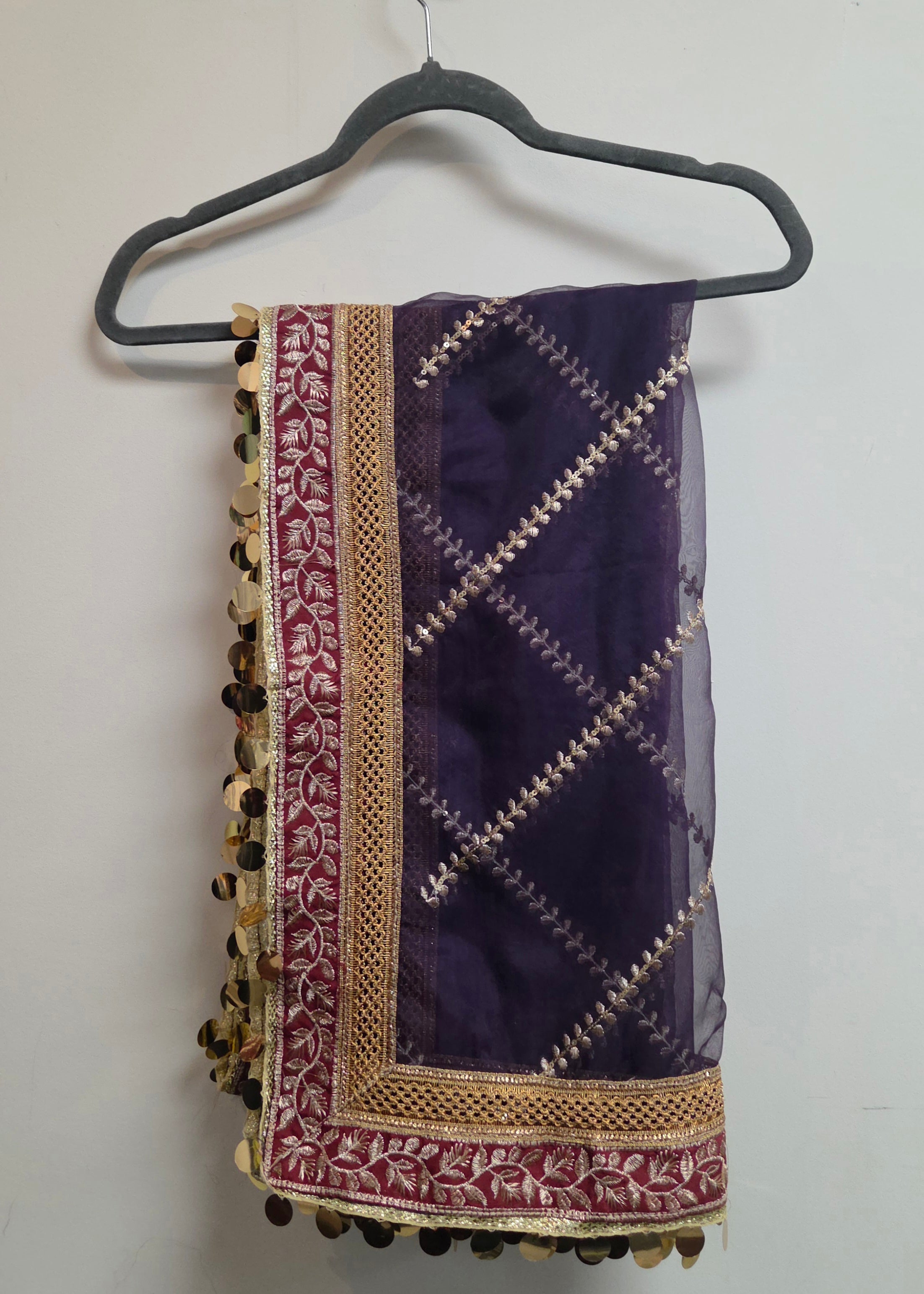 Luxury Organza Dupatta with Intricate Four-Sided Embroidery & Coin Embellishments