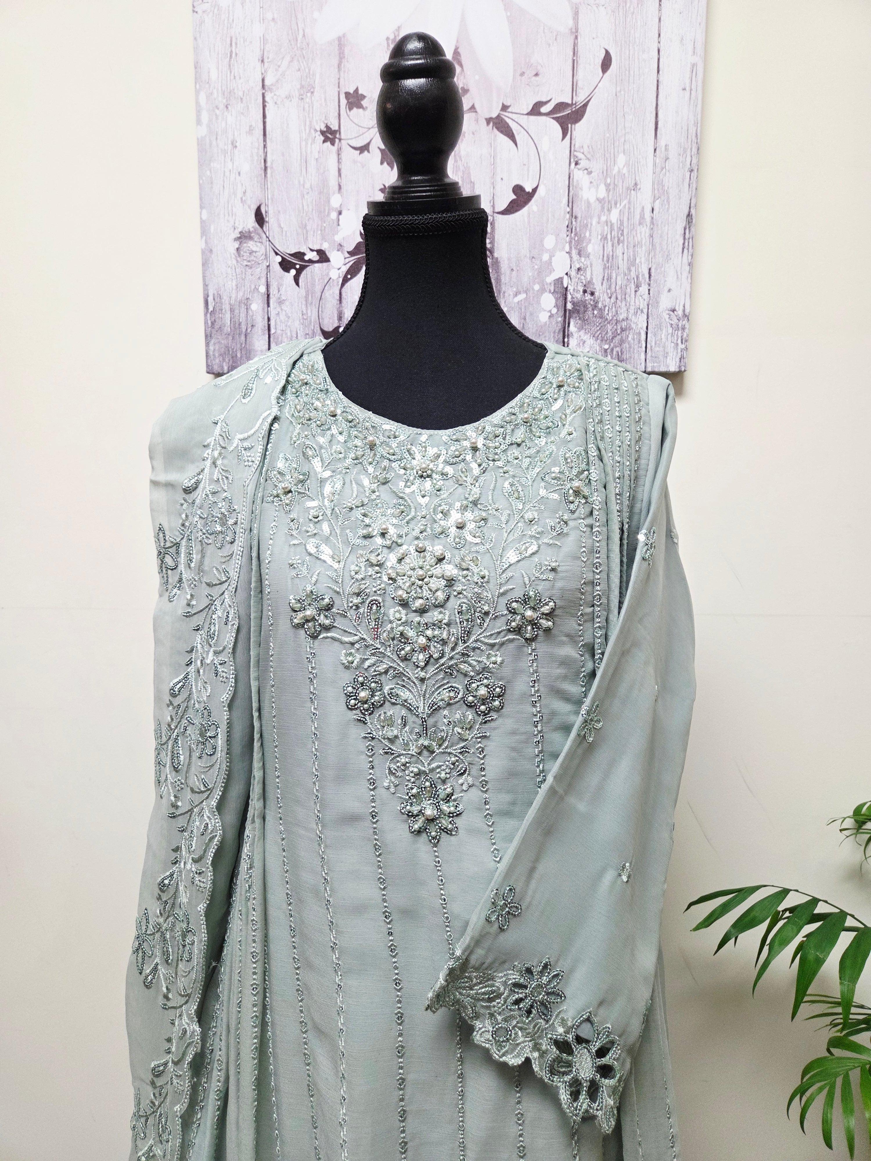 Elegant Chiffon Pleated Short Frock & Intricate Cutwork Palazzo Set