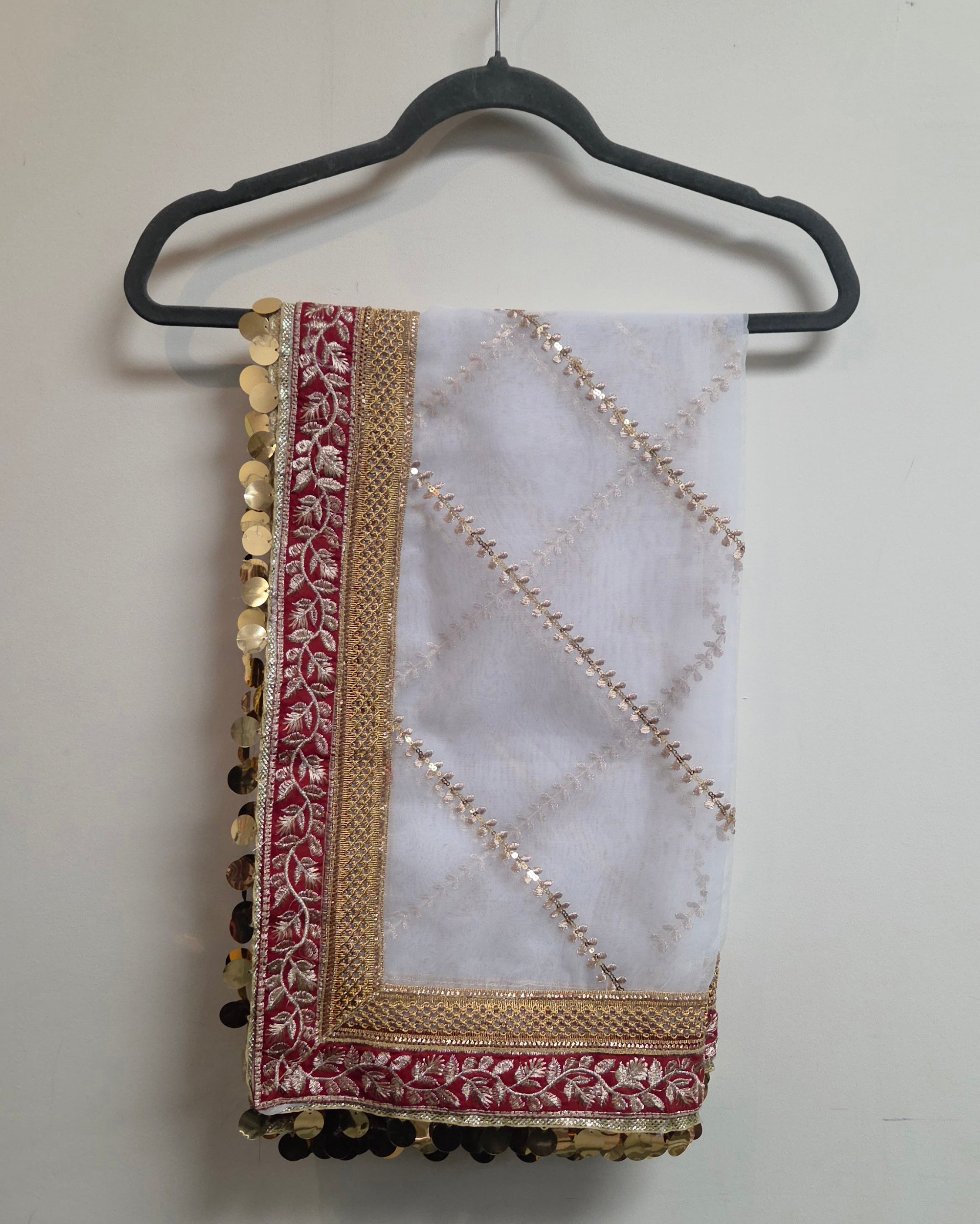 Luxury Organza Dupatta with Intricate Four-Sided Embroidery & Coin Embellishments