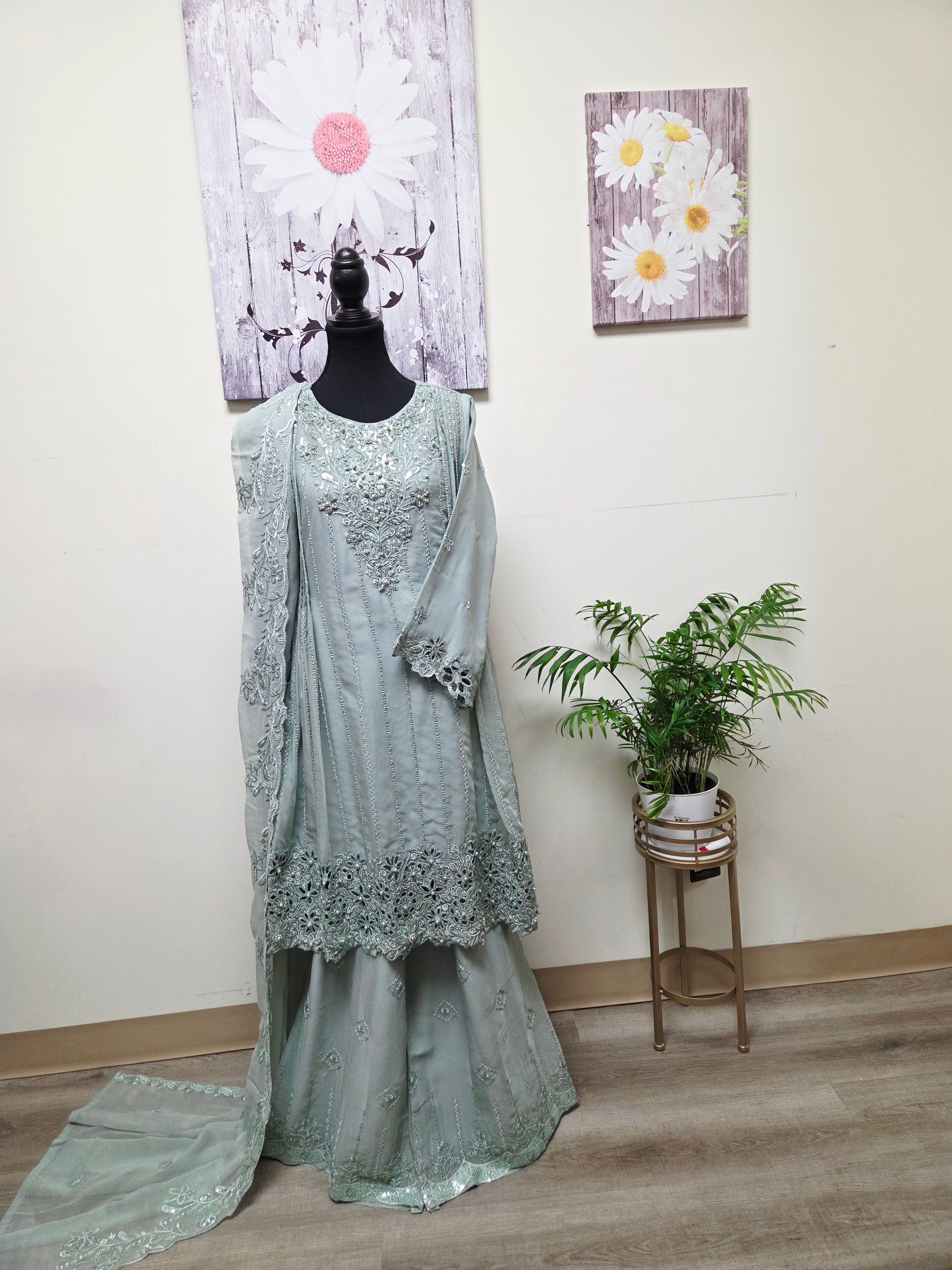 Elegant Chiffon Pleated Short Frock & Intricate Cutwork Palazzo Set