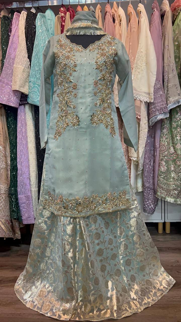 Luxury Heavy Embroidered Organza Tunic with Heritage Banarsi Sharara & Dupatta