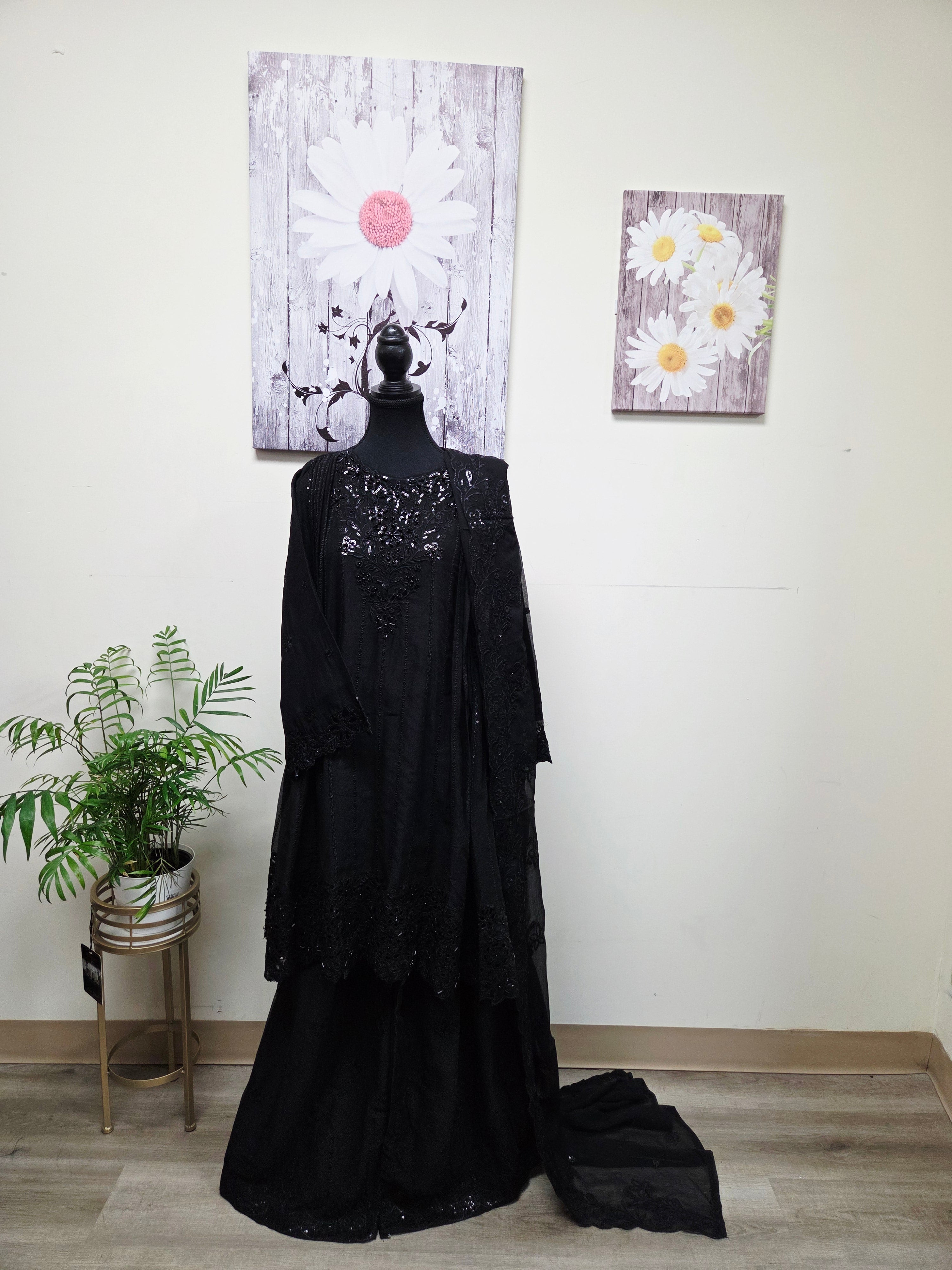 Elegant Chiffon Pleated Short Frock & Intricate Cutwork Palazzo Set