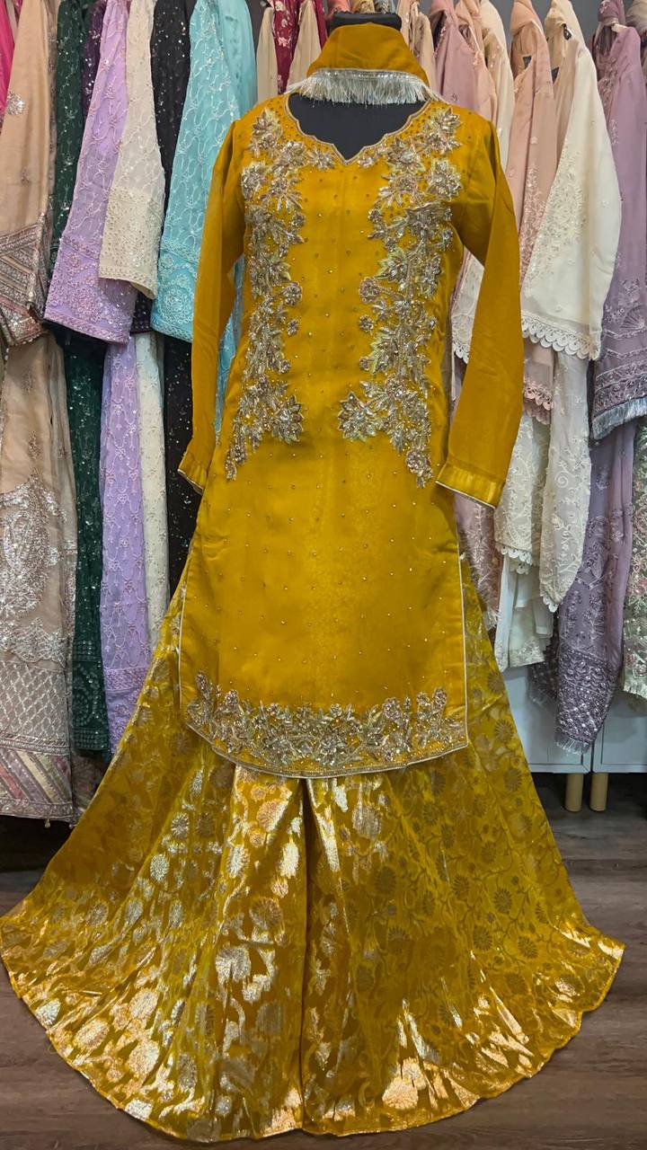 Luxury Heavy Embroidered Organza Tunic with Heritage Banarsi Sharara & Dupatta