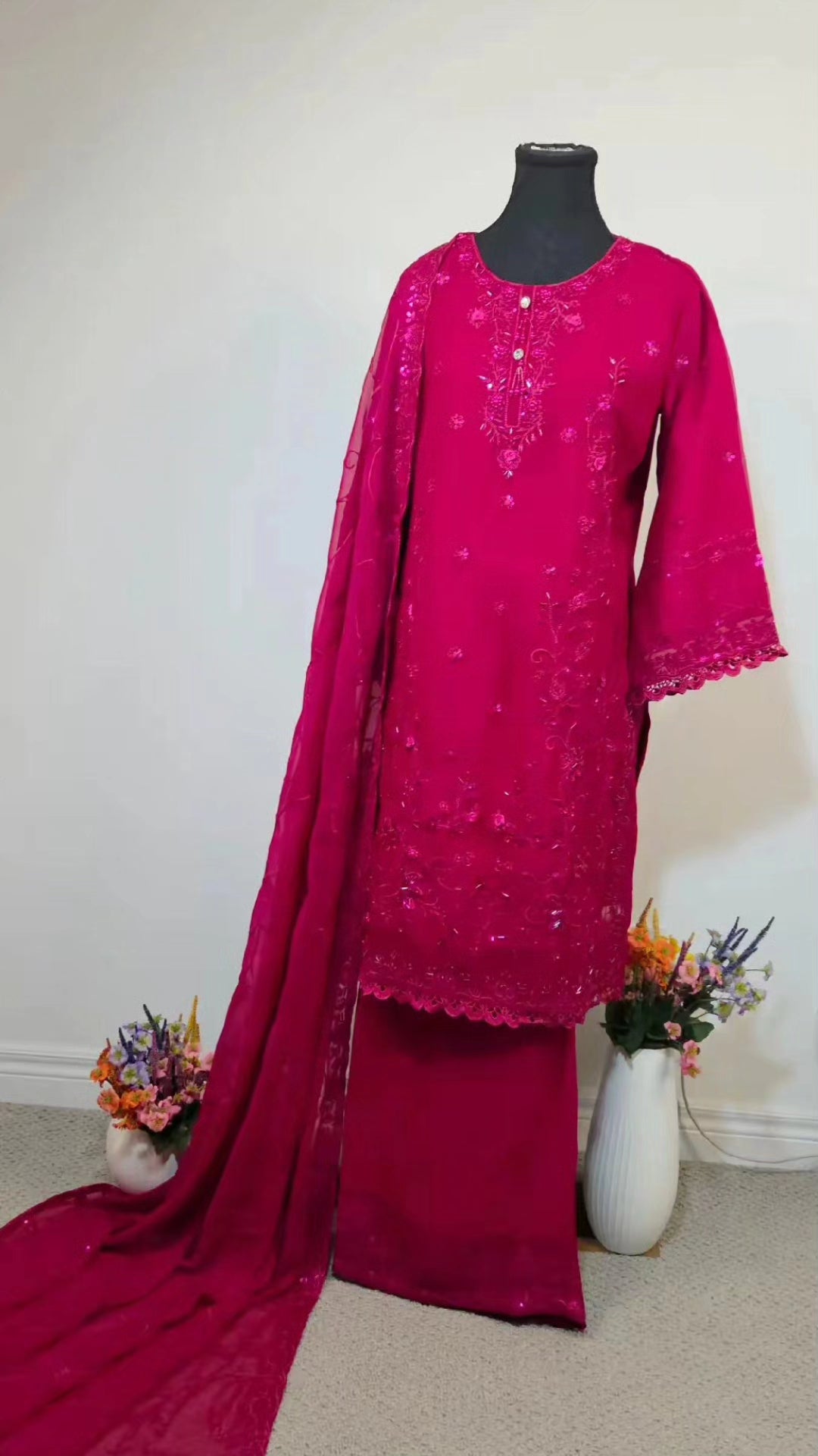 Premium Embroidered Chiffon Ensemble – Exquisite Thread Work & Hand-Placed Embellishments