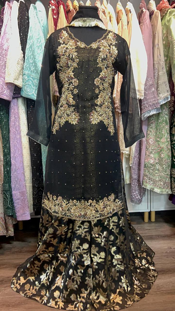 Luxury Heavy Embroidered Organza Tunic with Heritage Banarsi Sharara & Dupatta