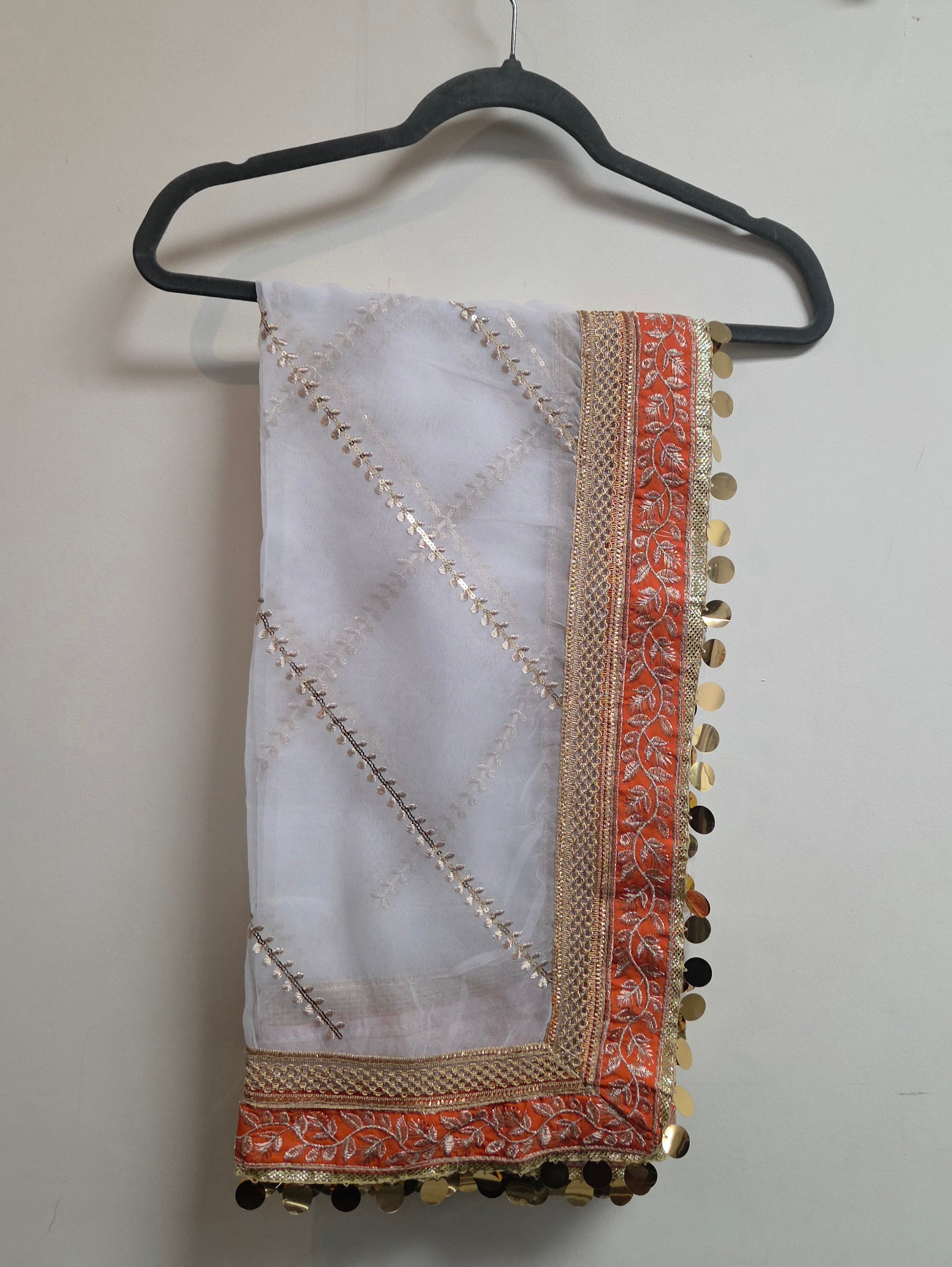 Luxury Organza Dupatta with Intricate Four-Sided Embroidery & Coin Embellishments