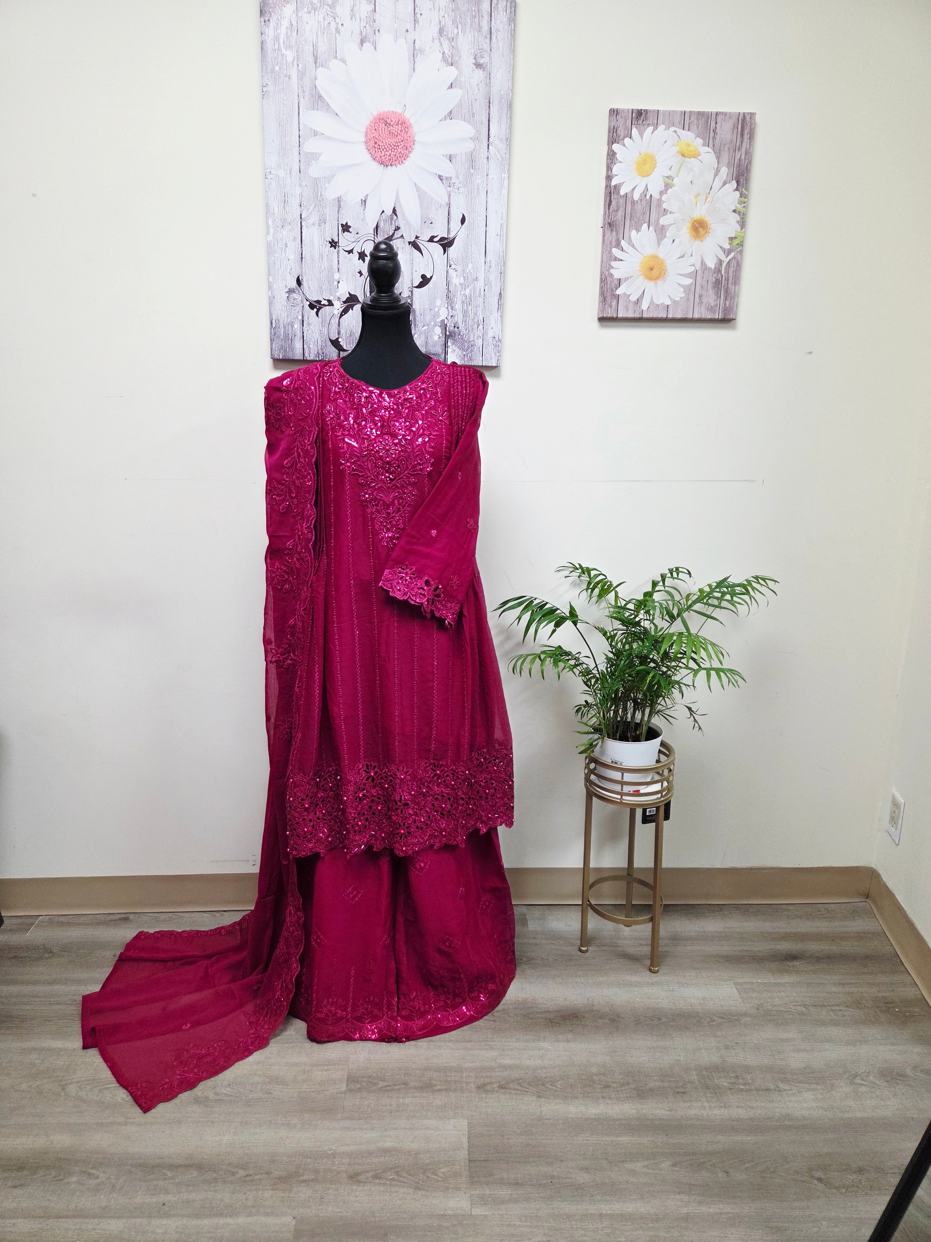 Elegant Chiffon Pleated Short Frock & Intricate Cutwork Palazzo Set