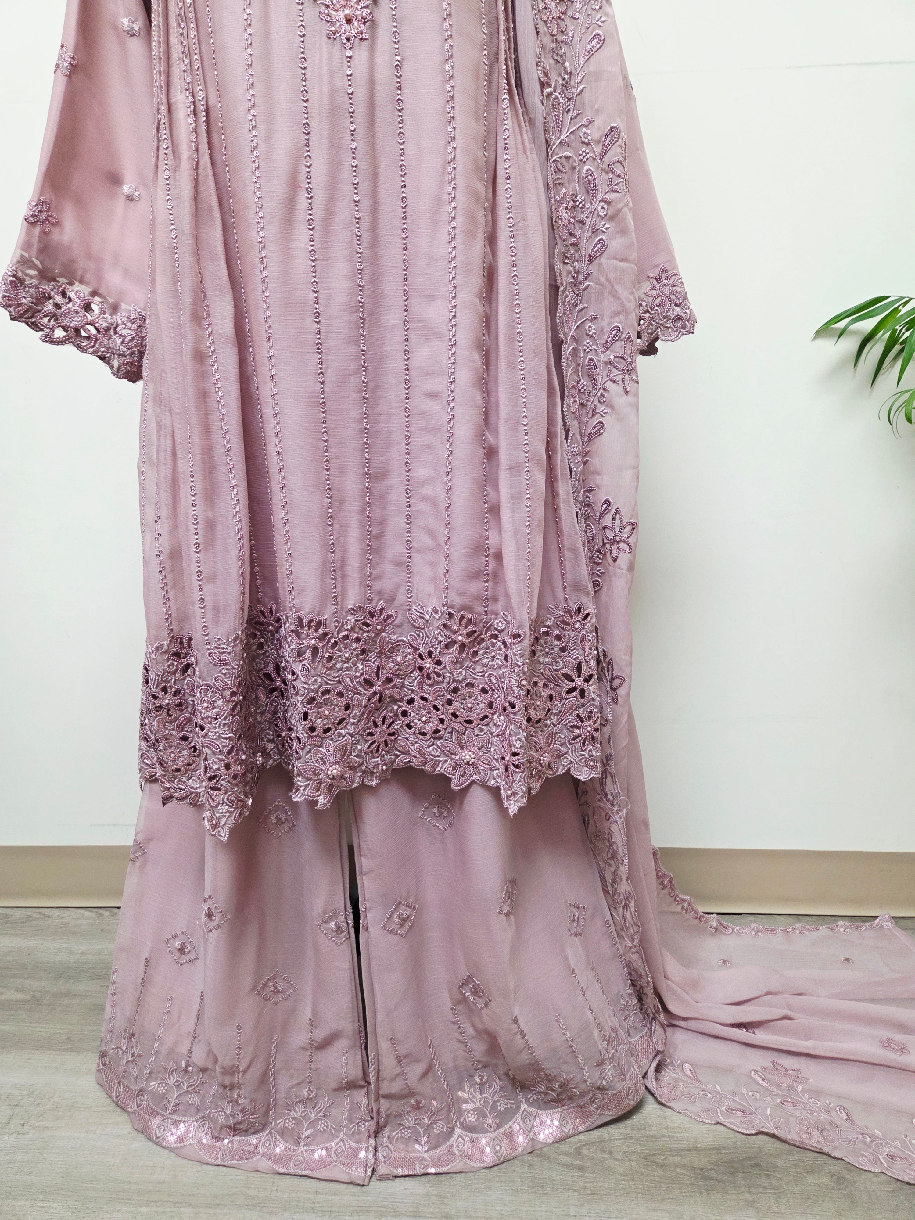 Elegant Chiffon Pleated Short Frock & Intricate Cutwork Palazzo Set