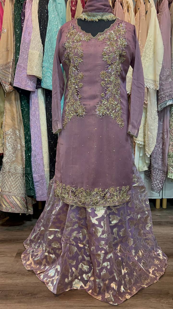 Luxury Heavy Embroidered Organza Tunic with Heritage Banarsi Sharara & Dupatta