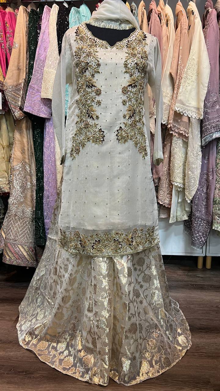 Luxury Heavy Embroidered Organza Tunic with Heritage Banarsi Sharara & Dupatta