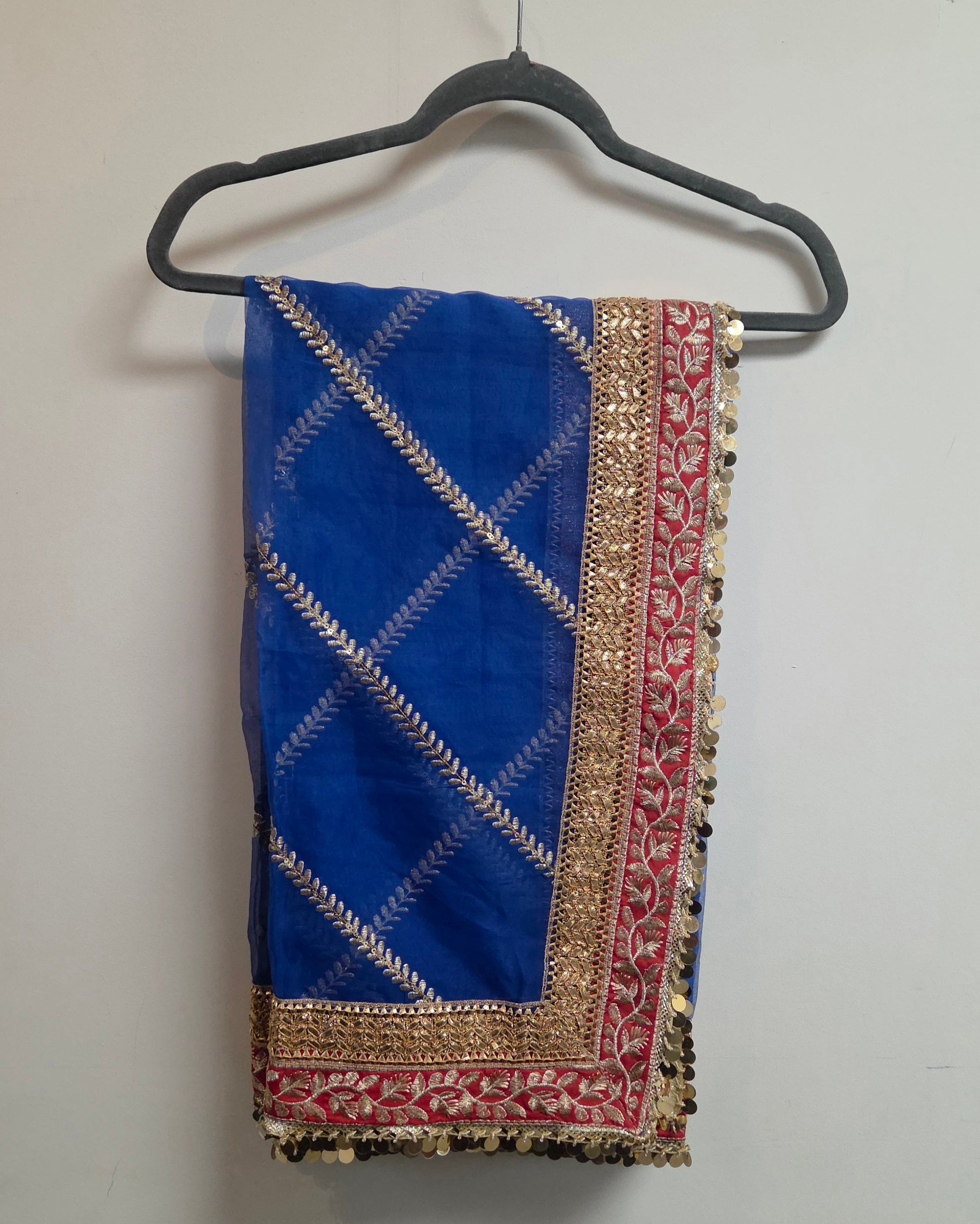 Luxury Organza Dupatta with Intricate Four-Sided Embroidery & Coin Embellishments