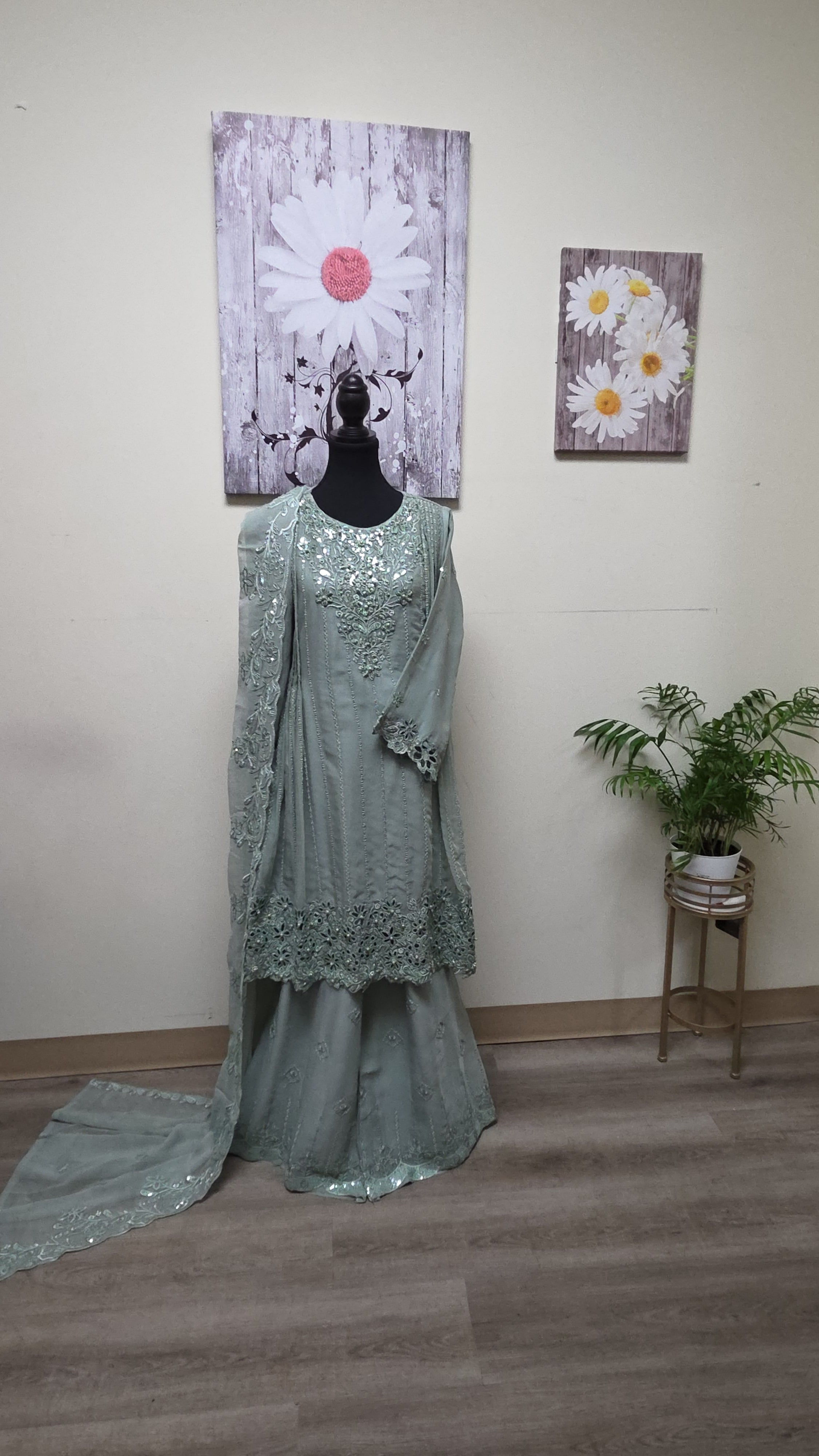 Elegant Chiffon Pleated Short Frock & Intricate Cutwork Palazzo Set