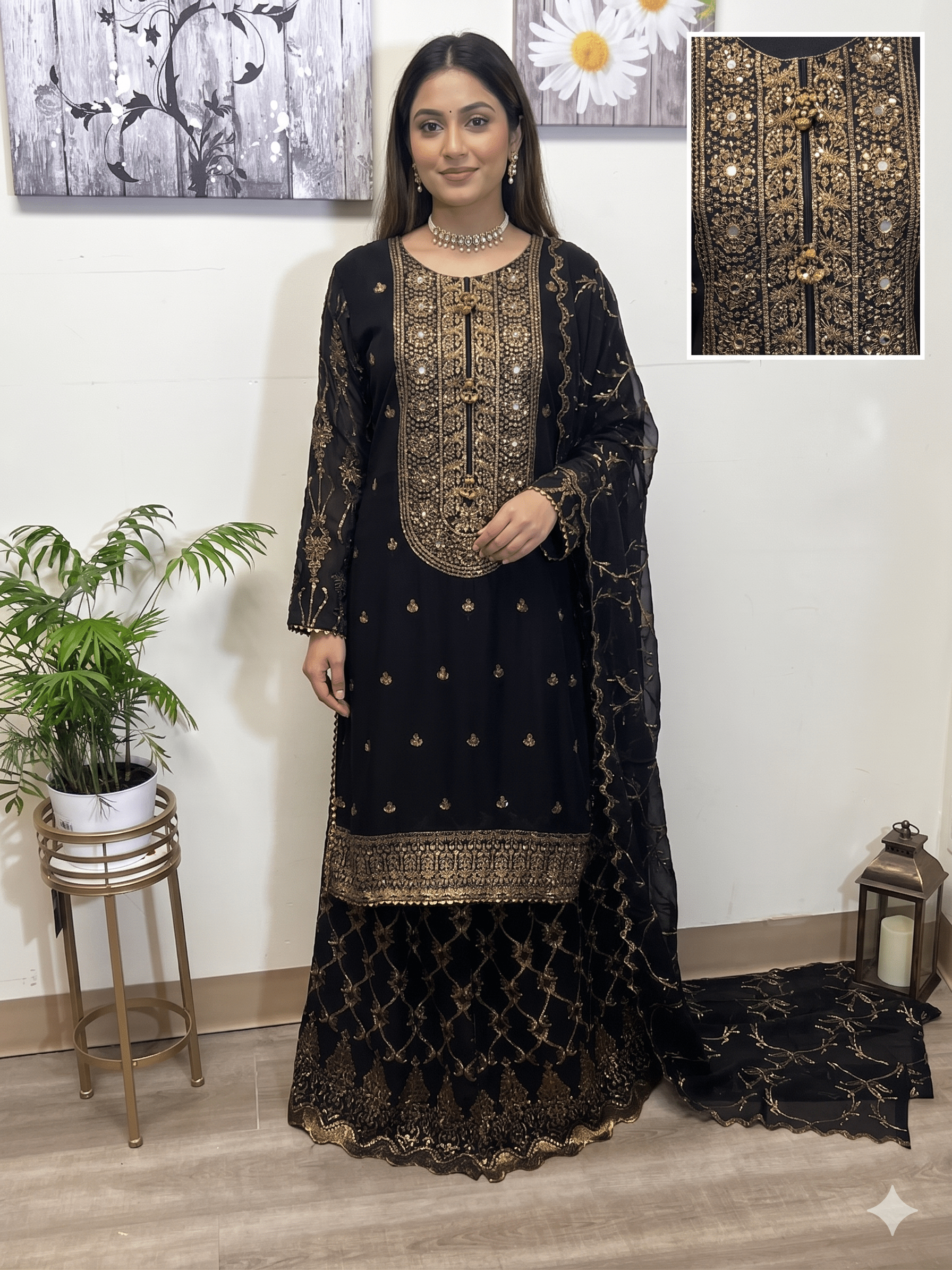 TW - 01 Chiffon Sharara with Tilla Work | Hand - Embroidered Bridal & Party Wear - Boutique By MaryamBoutique By MaryamBoutique By MaryamsblackTW - 01 Chiffon Sharara with Tilla Work | Hand - Embroidered Bridal & Party Wear