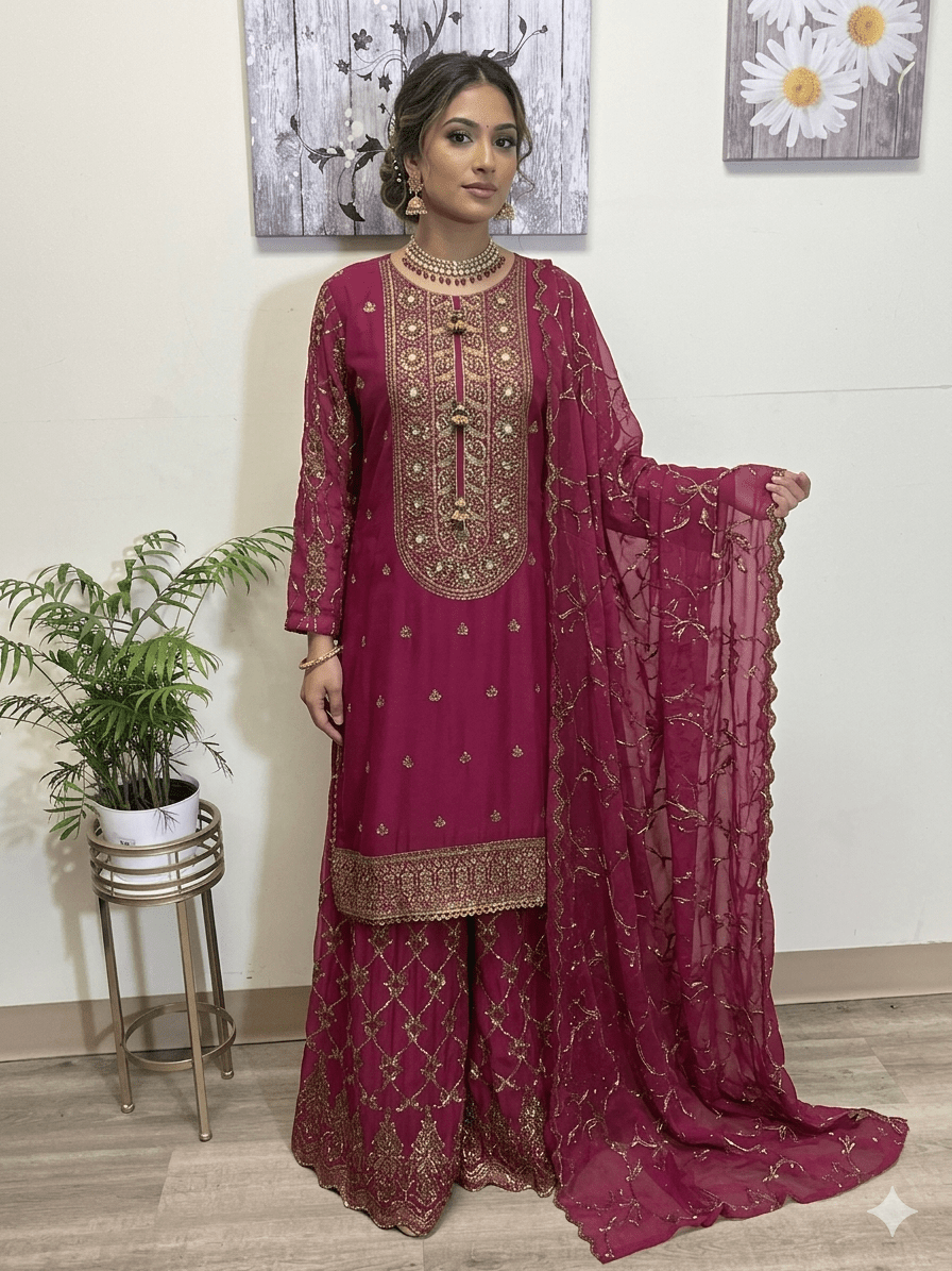 TW - 01 Chiffon Sharara with Tilla Work | Hand - Embroidered Bridal & Party Wear - Boutique By MaryamBoutique By MaryamBoutique By MaryamsmagentaTW - 01 Chiffon Sharara with Tilla Work | Hand - Embroidered Bridal & Party Wear
