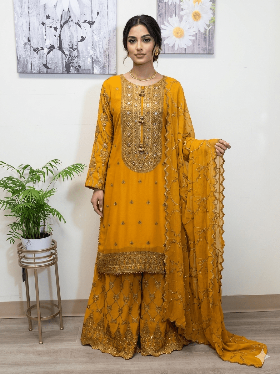 TW - 01 Chiffon Sharara with Tilla Work | Hand - Embroidered Bridal & Party Wear - Boutique By MaryamBoutique By MaryamBoutique By MaryamsmustardTW - 01 Chiffon Sharara with Tilla Work | Hand - Embroidered Bridal & Party Wear